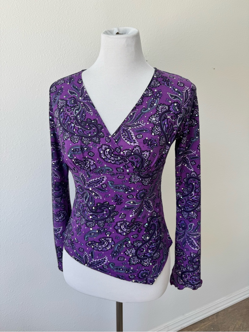 Y2K Purple Paisley V Neck Ruffle Sleeves Long Sleeve Top